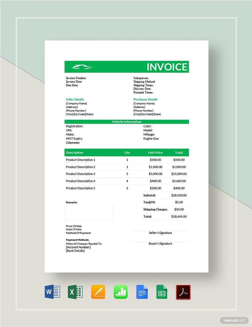 Car Sale Invoice Template in Excel, Word, Apple Numbers, Pages, Google Docs, Google Sheets, PDF - Download | Template.net