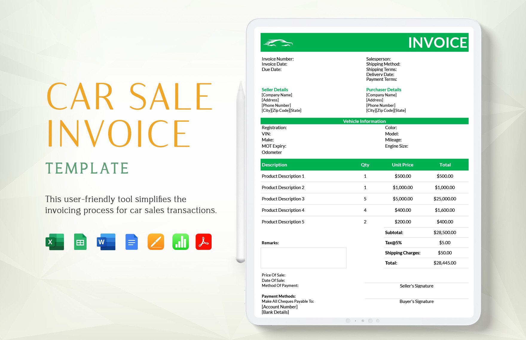 Car Sale Invoice Template in Word, Google Docs, Excel, PDF, Google Sheets, Apple Pages, Apple Numbers