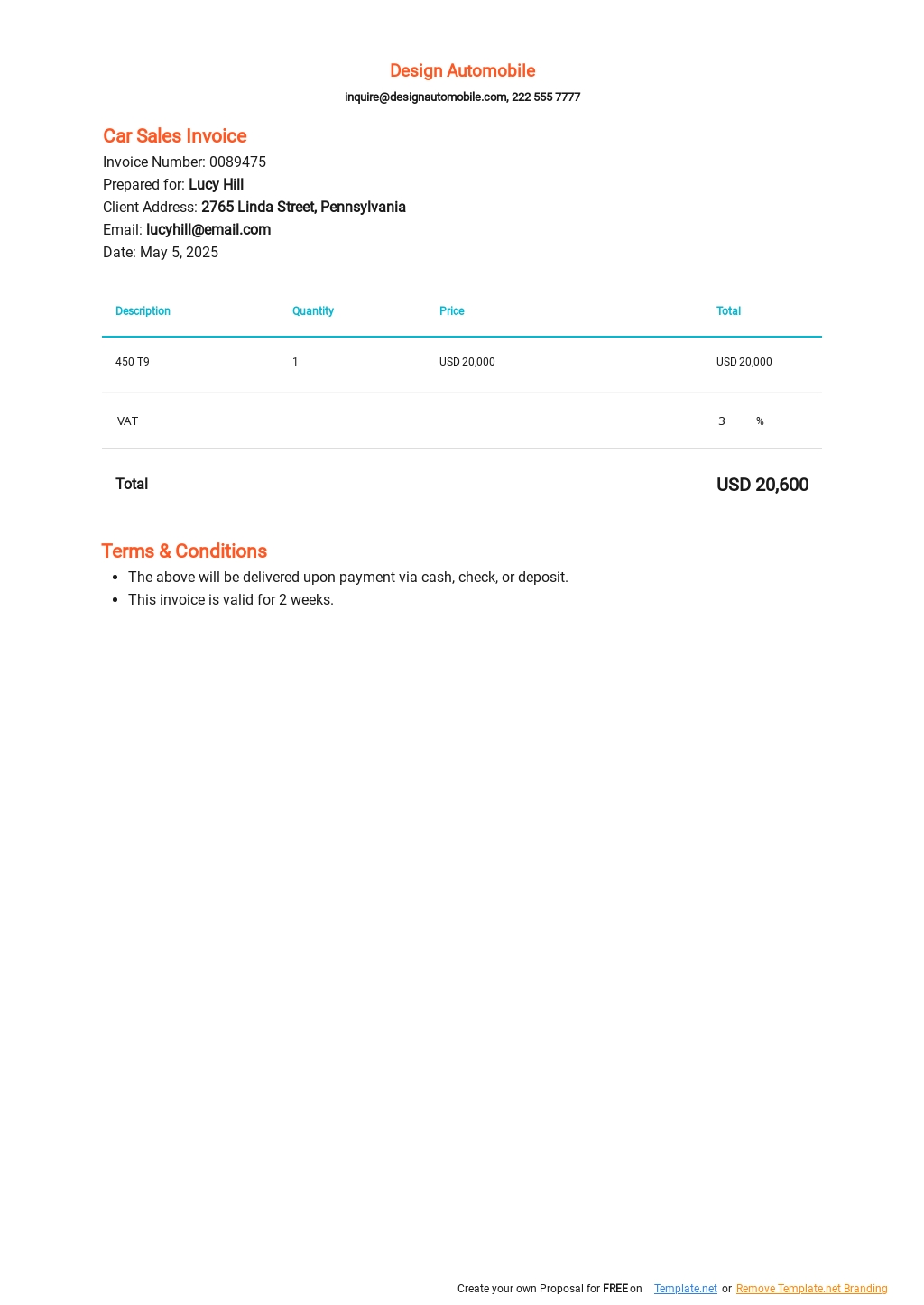 Car Sale Invoice Template Free