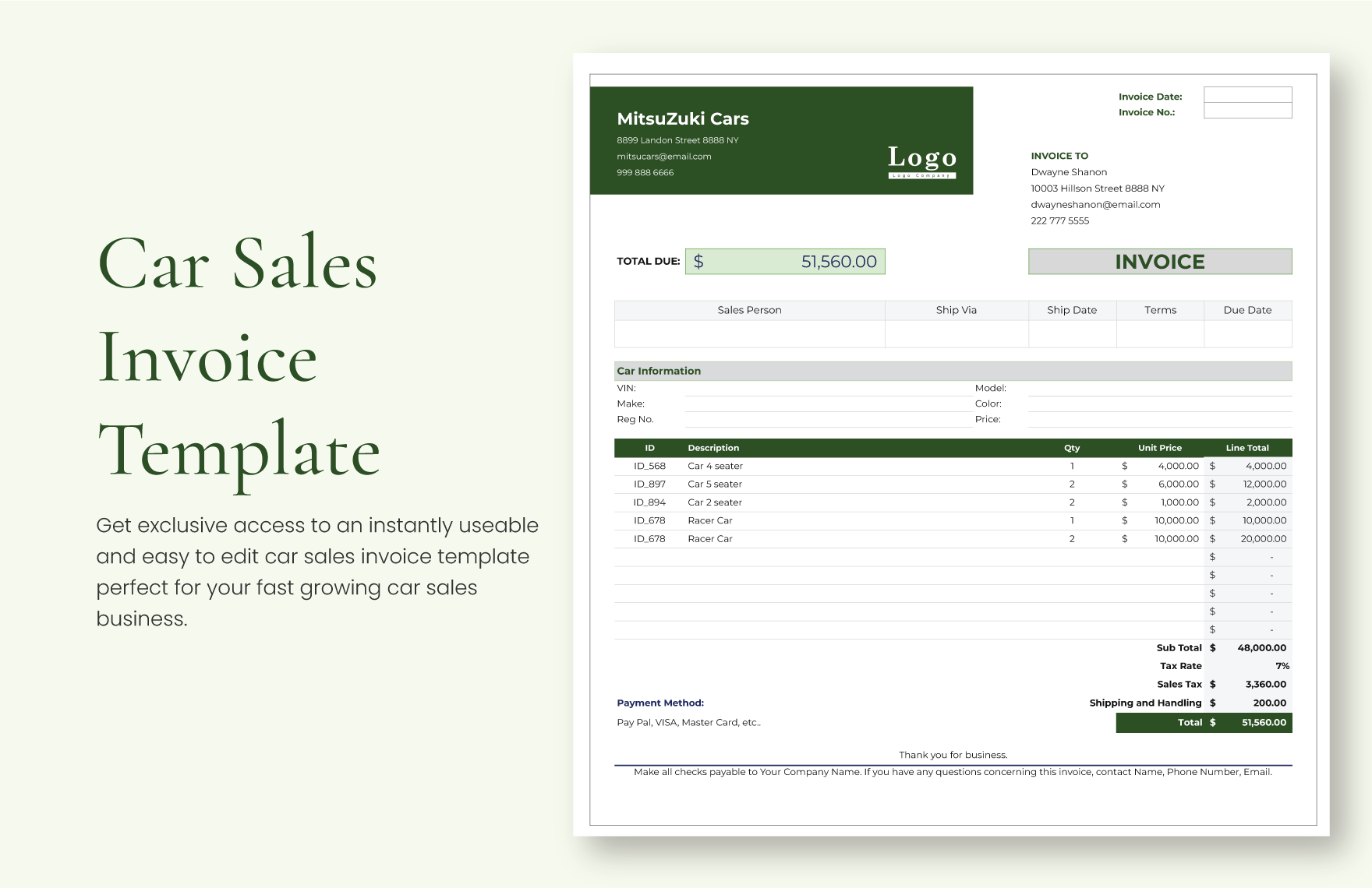 Car Sales Invoice Template in Pages, Word, Apple Numbers, Google Docs, PDF, Excel, Google Sheets - Download | Template.net