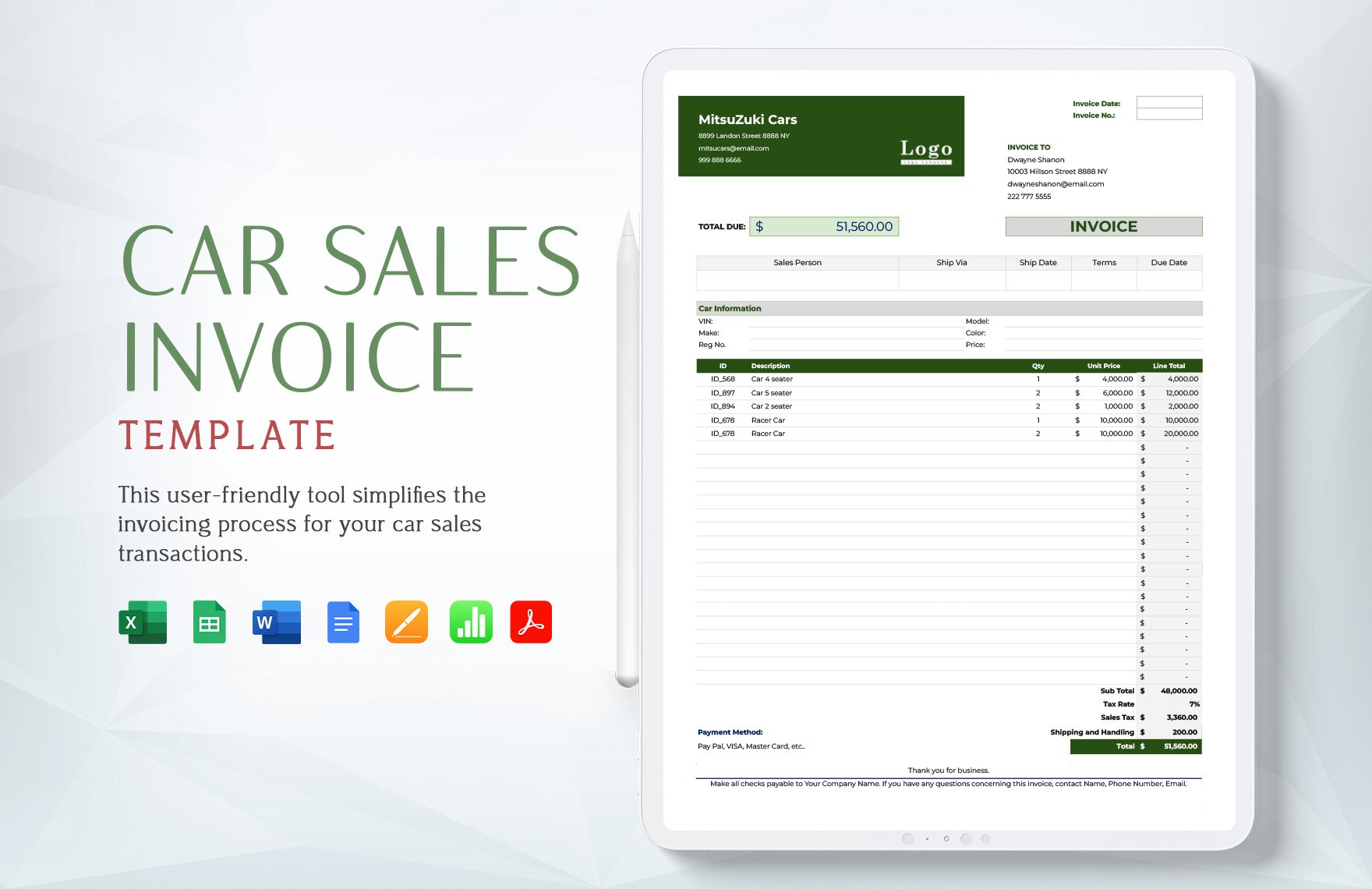Car Sales Invoice Template in Word, Google Docs, Excel, PDF, Google Sheets, Apple Pages, Apple Numbers