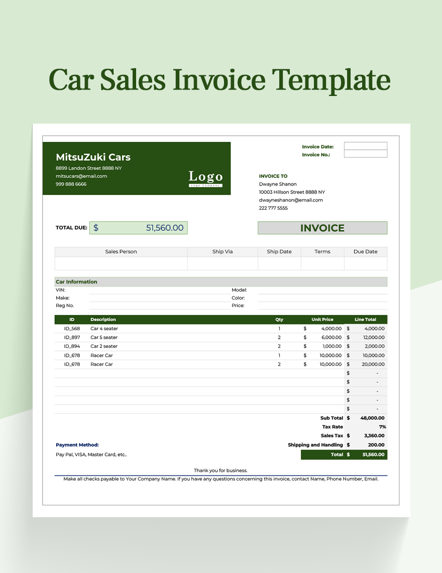 Vehicle Invoice Excel Templates Spreadsheet Free Download
