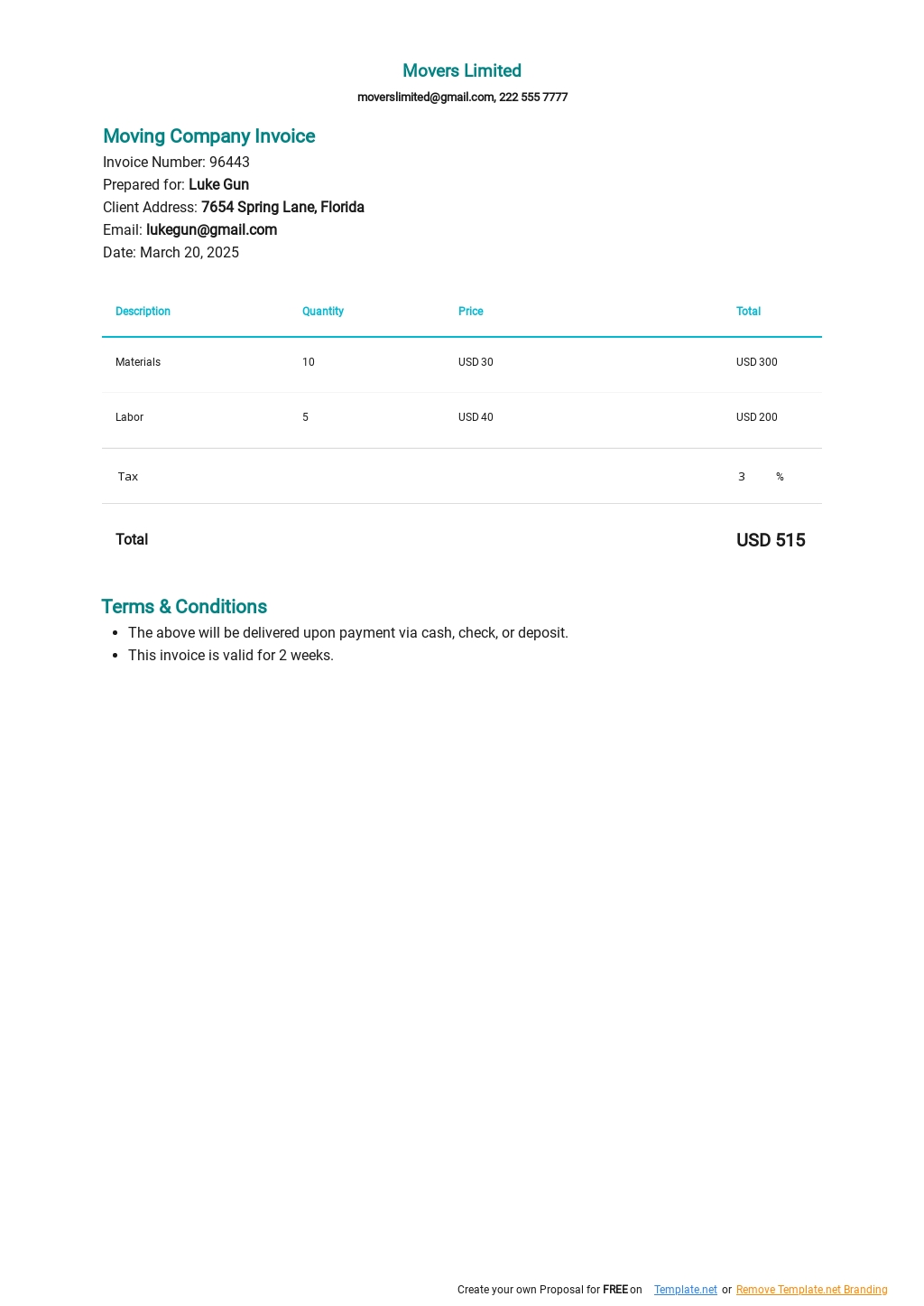 FREE Moving Company Invoice Template in Google Docs, Google Sheets