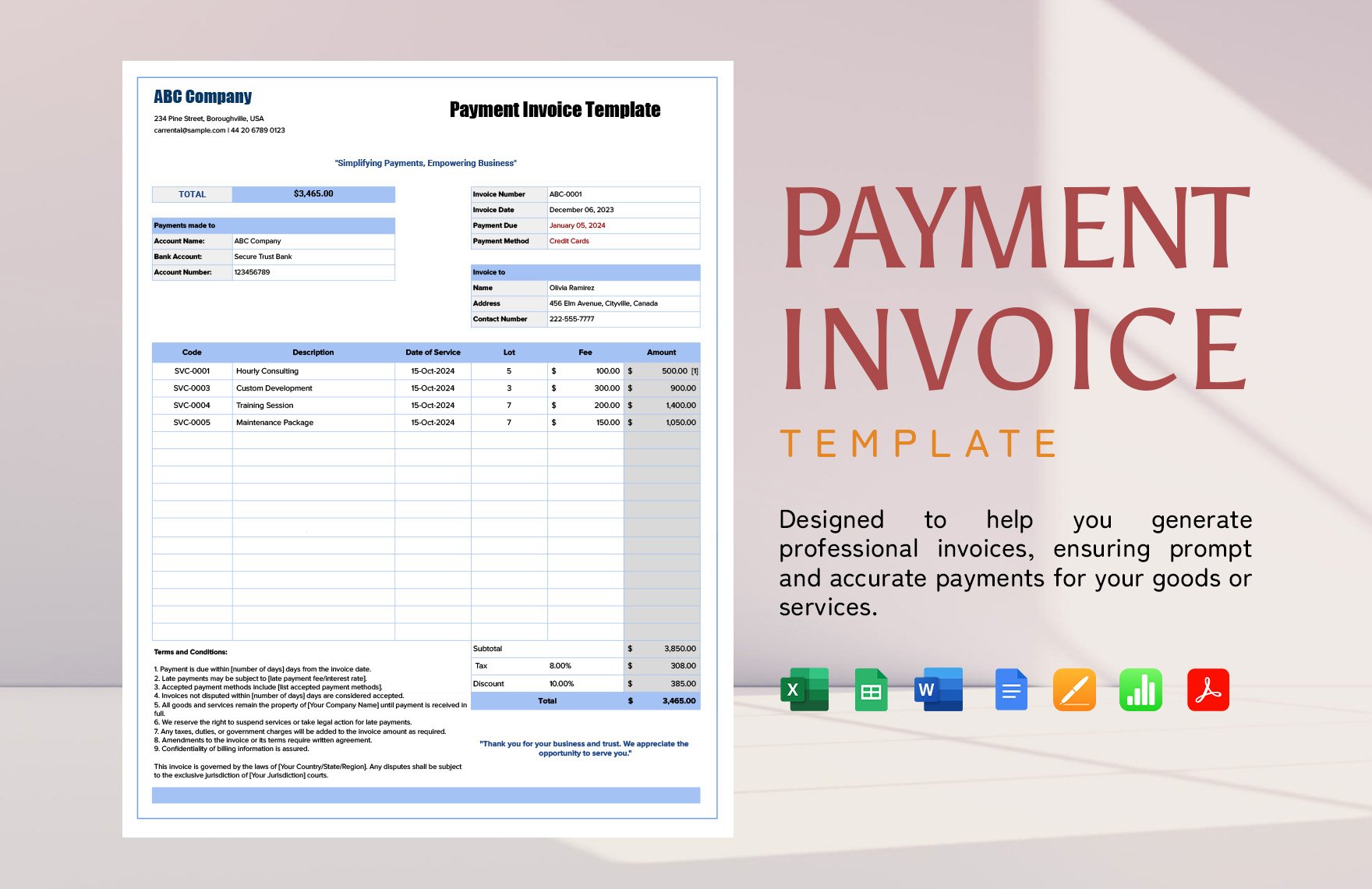 Payment Invoice Template in Word, Google Docs, Excel, PDF, Google Sheets, Apple Pages, Apple Numbers