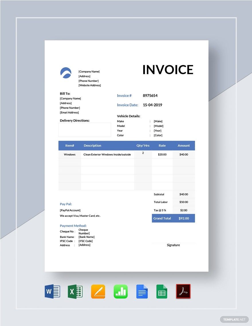 Car Wash Invoice Template in Excel, Apple Numbers, Pages, Word, Google Docs, Google Sheets, PDF - Download | Template.net