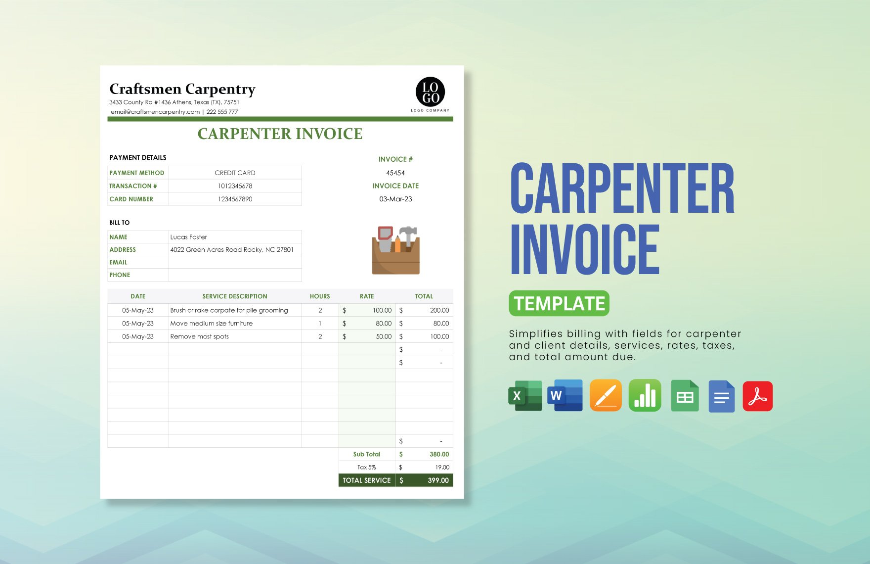Carpenter Invoice Template in Word, Google Docs, Excel, PDF, Google Sheets, Apple Pages, Apple Numbers