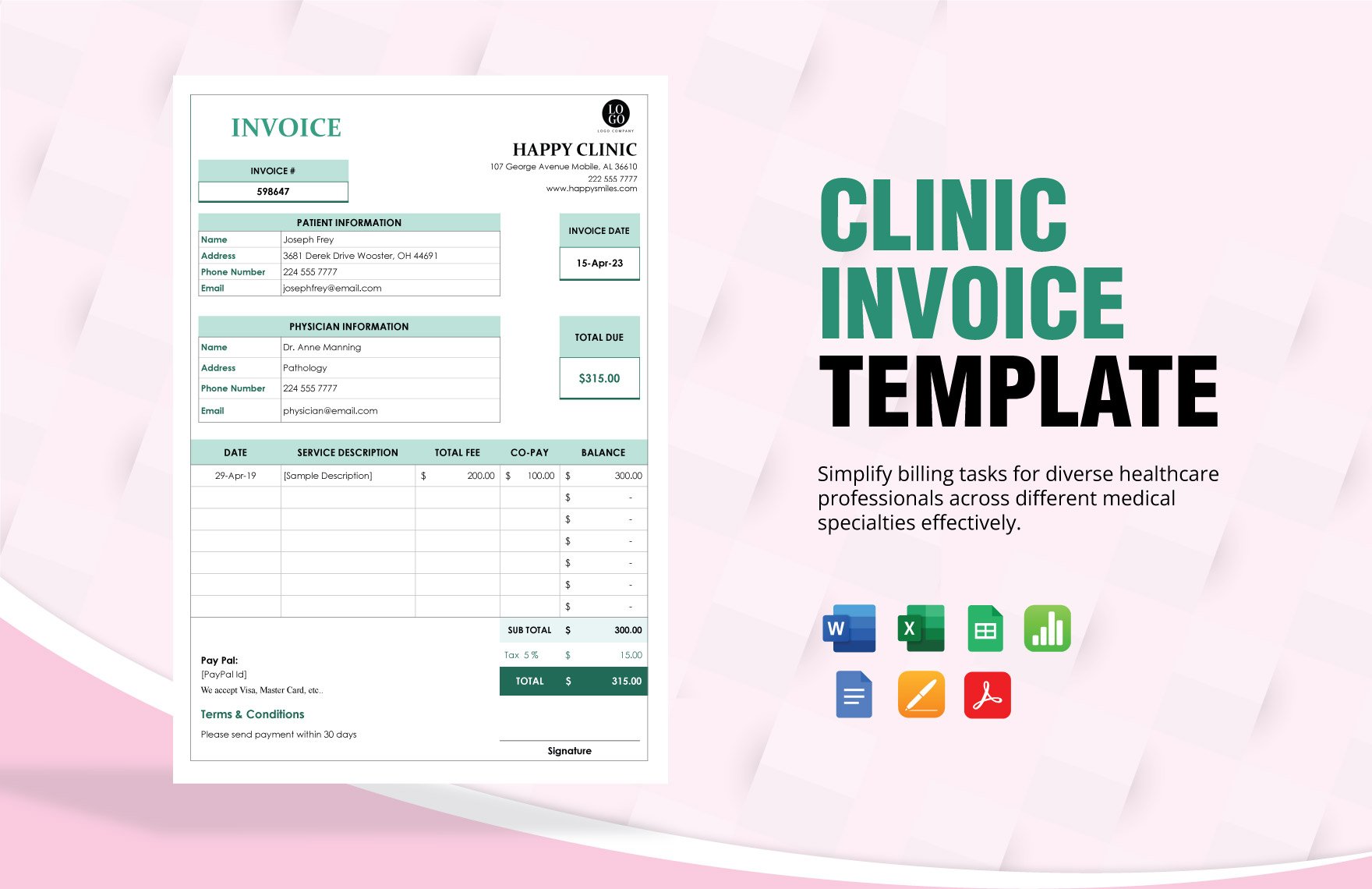 Clinic Invoice Template in Word, Google Docs, Excel, PDF, Google Sheets, Apple Pages, Apple Numbers