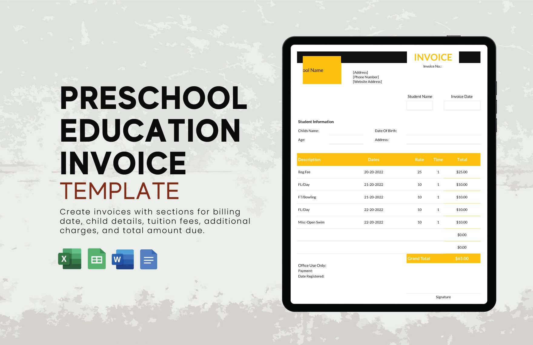 Preschool Education Invoice Template in Word, Google Docs, Excel, PDF, Google Sheets, Apple Pages, Apple Numbers
