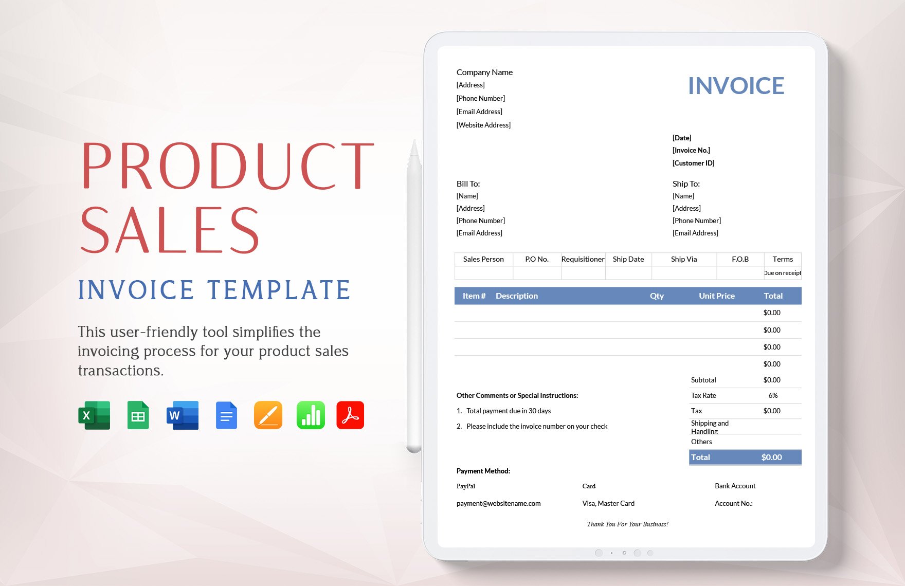 Product Sales Invoice Template in Word, Google Docs, Excel, PDF, Google Sheets, Apple Pages, Apple Numbers