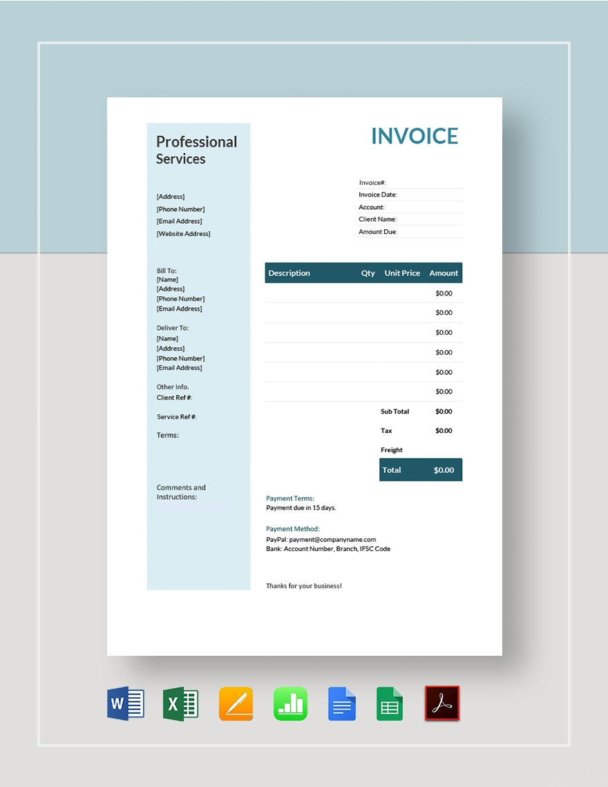 Professional Services Invoice Template in Google Docs, Google Sheets, Apple Numbers, Pages, Word, Excel, PDF - Download | Template.net