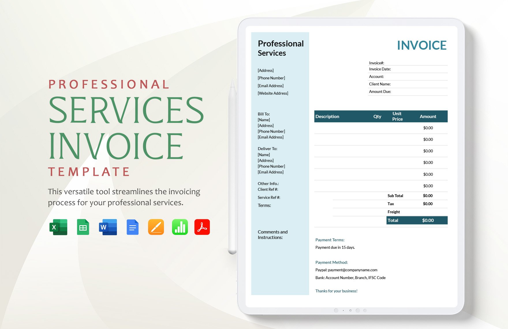 Professional Services Invoice Template in Word, Google Docs, Excel, PDF, Google Sheets, Apple Pages, Apple Numbers