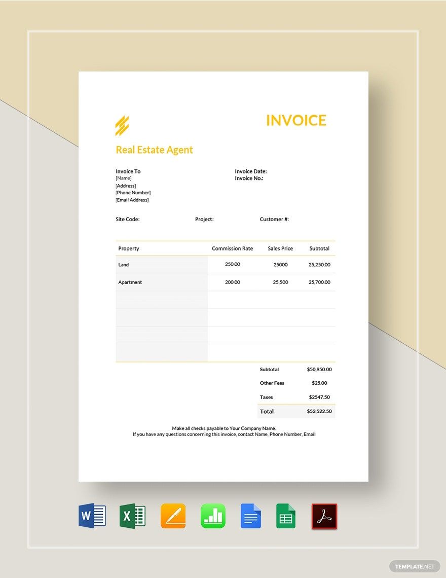 Real Estate Agent Invoice Template in Google Sheets, Google Docs, Apple Numbers, Pages, Word, Excel, PDF - Download | Template.net