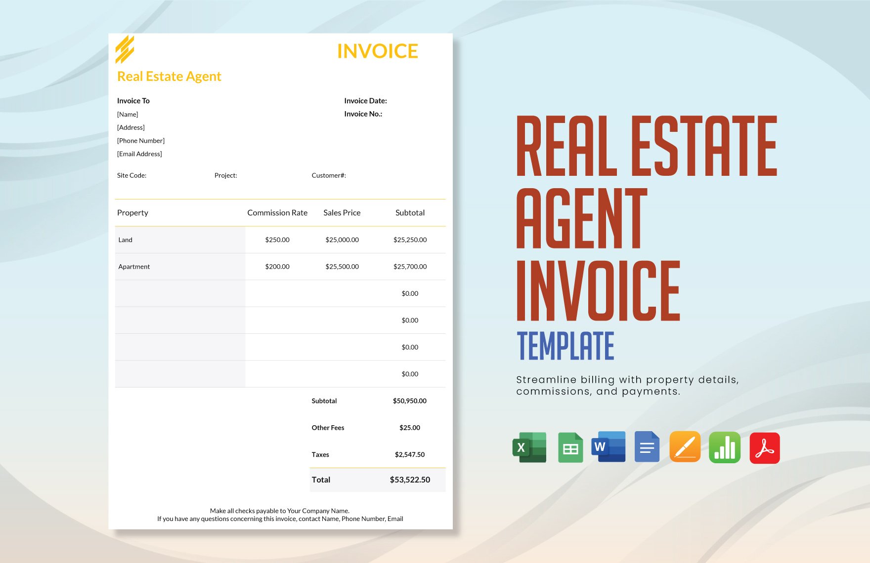 Real Estate Agent Invoice Template in Word, Google Docs, Excel, PDF, Google Sheets, Apple Pages, Apple Numbers