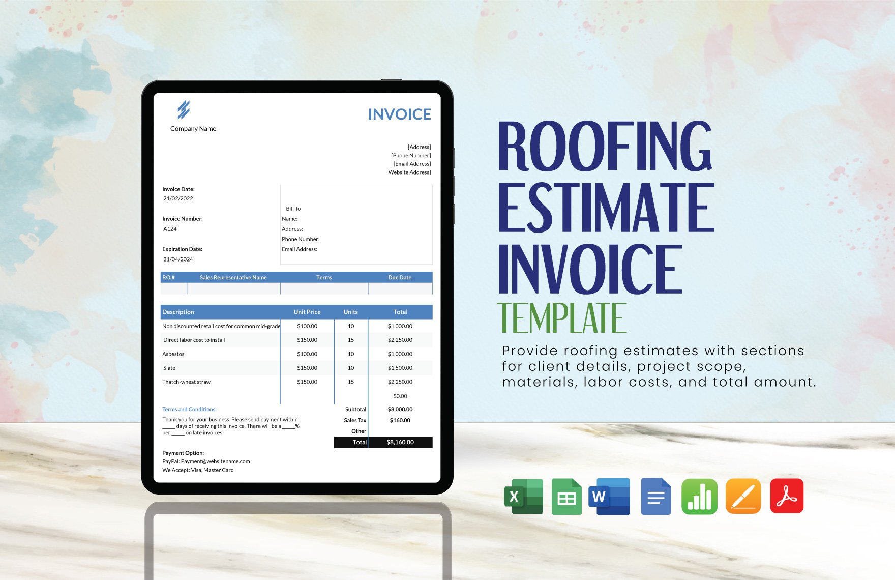 Roofing Estimate Invoice Template in Word, Google Docs, Excel, PDF, Google Sheets, Apple Pages, Apple Numbers