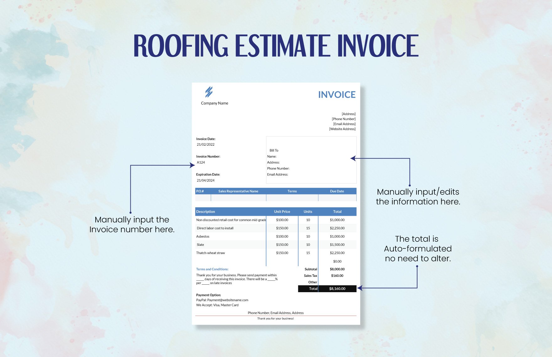 Roofing Estimate Invoice Template