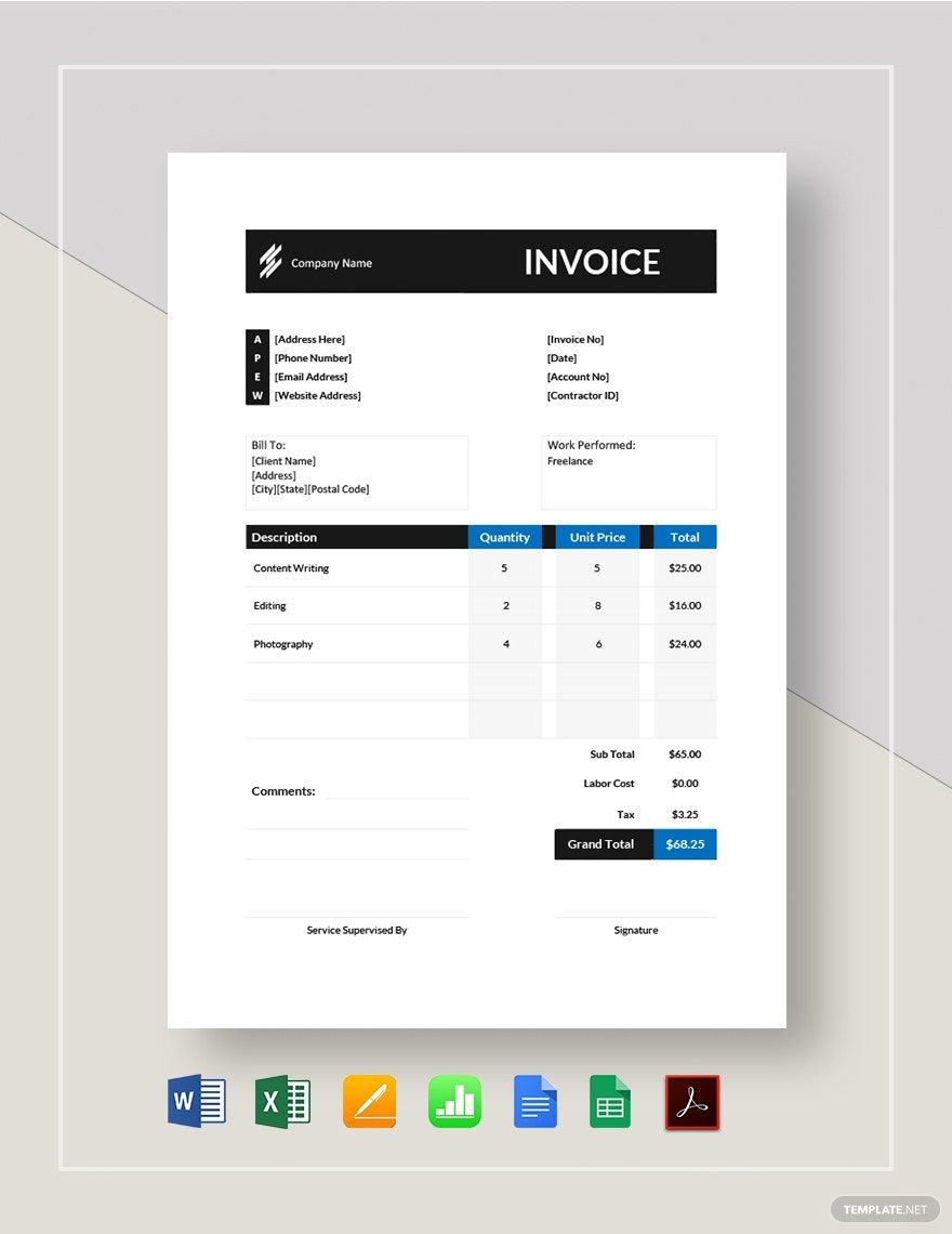 Self Employment Contractor Invoice Template in Google Docs, Google Sheets, Word, Excel, Pages, Apple Numbers, PDF - Download | Template.net