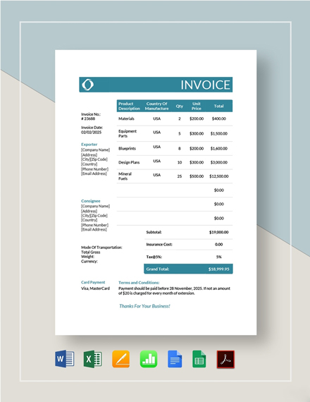 Commercial Export Invoice Template - Google Docs, Google Sheets, Excel ...