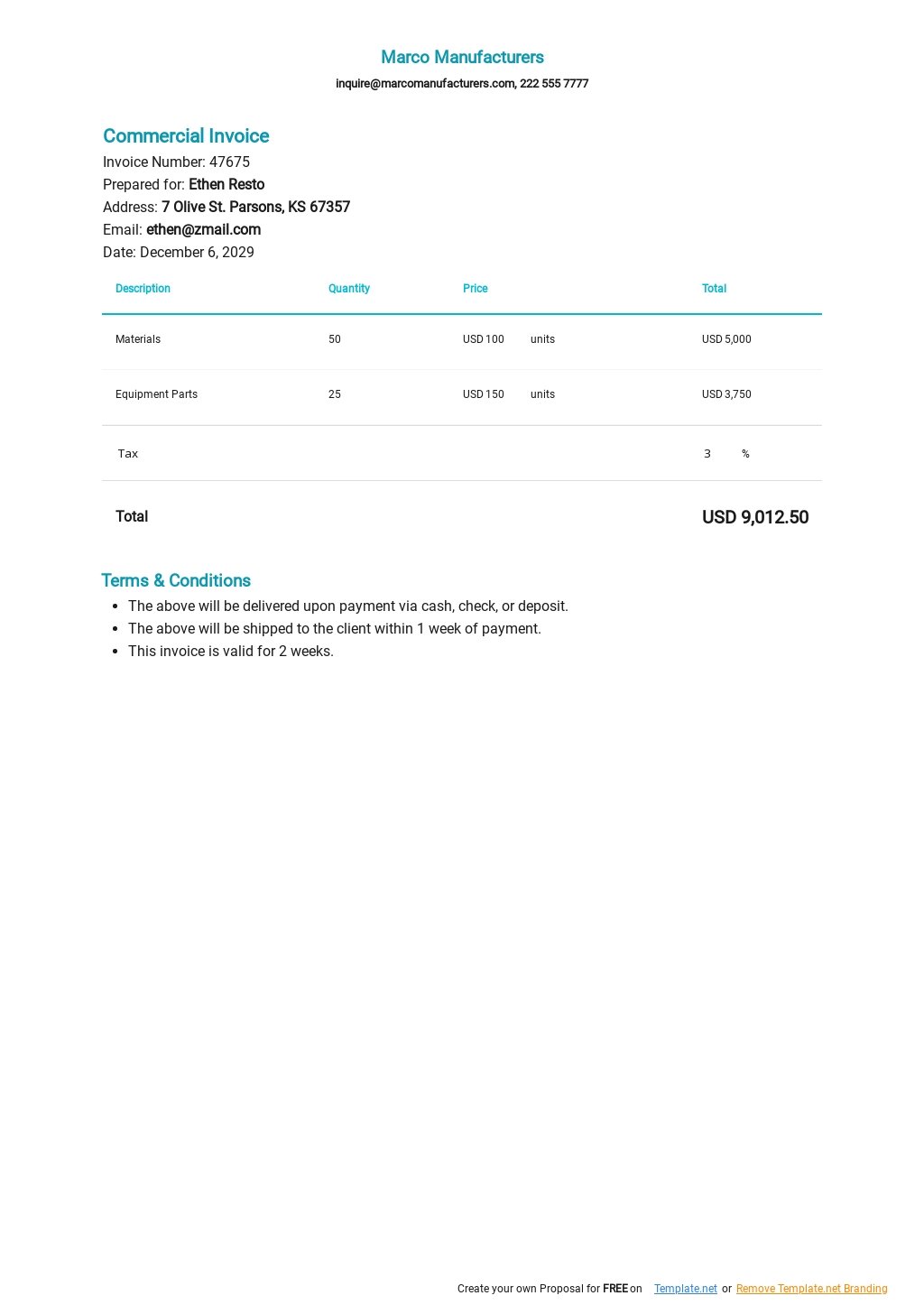commercial invoice template export