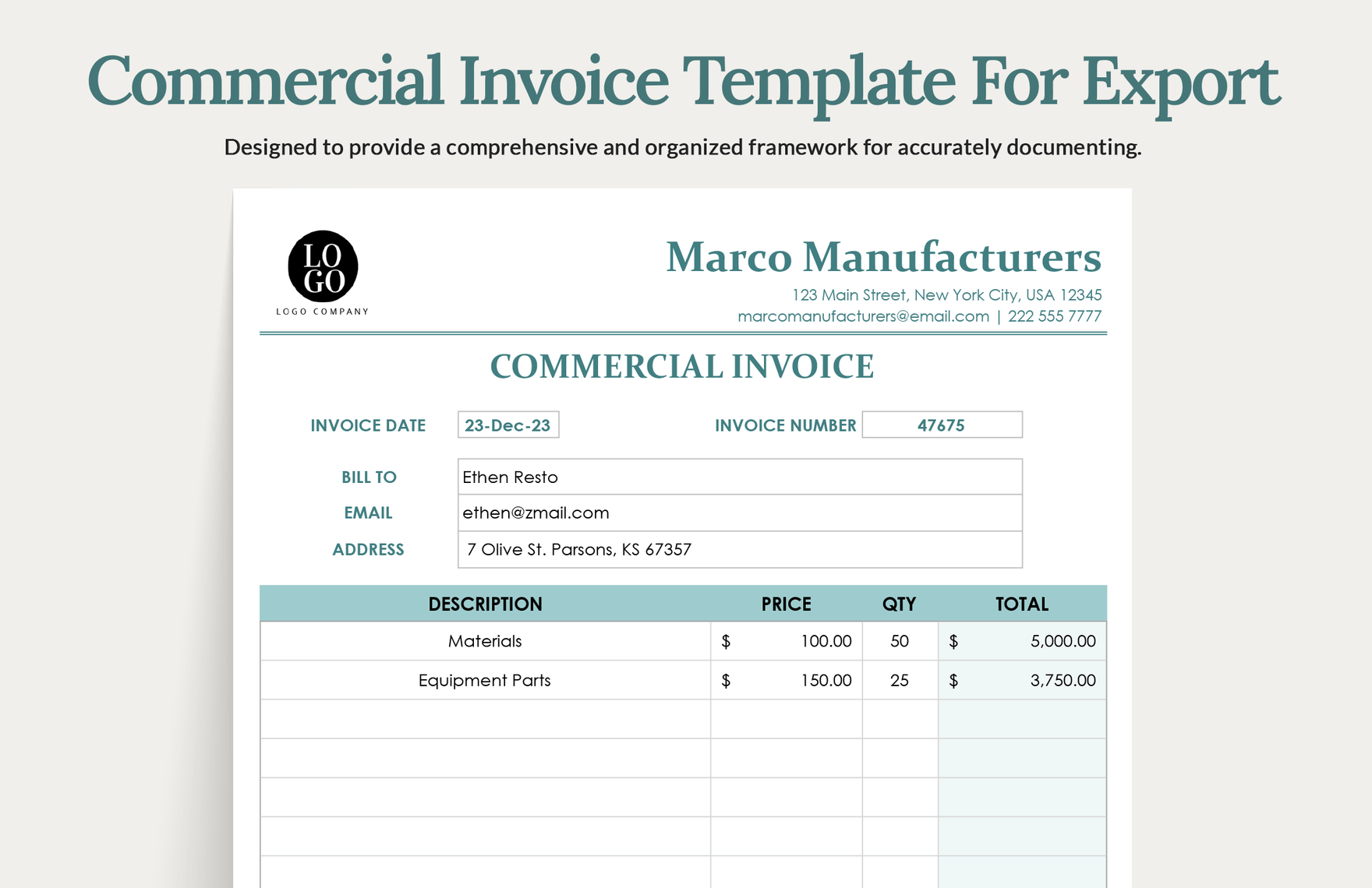 Commercial Invoice Template For Export