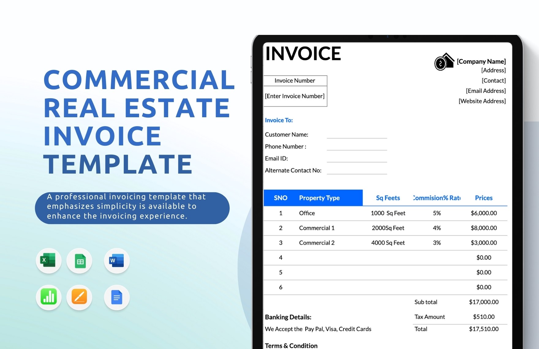 Commercial Real Estate Invoice Template in Word, Google Docs, Excel, PDF, Google Sheets, Apple Pages, Apple Numbers