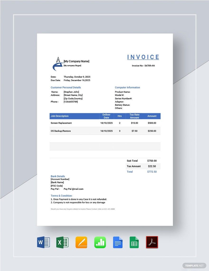 Computer Repair Invoice Template in Google Docs, Excel, Pages, Apple Numbers, Word, Google Sheets, PDF - Download | Template.net