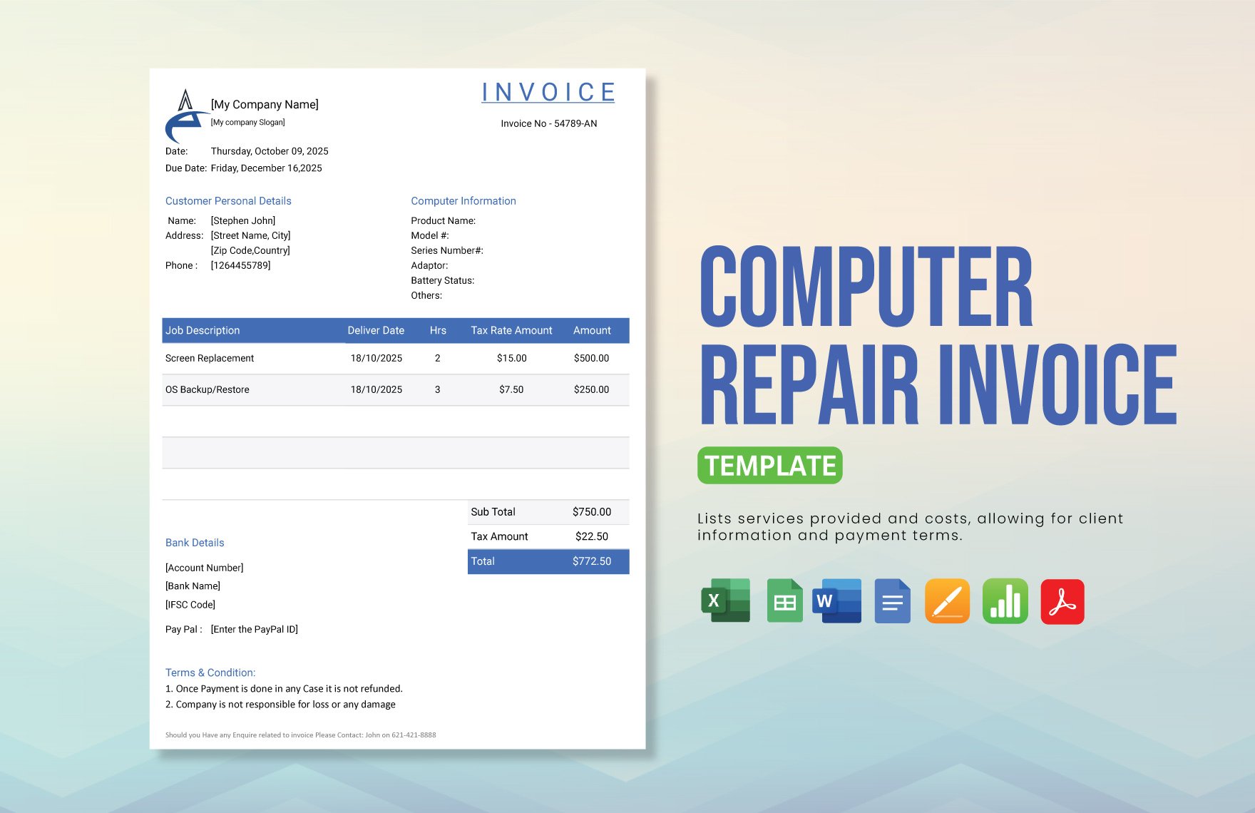 Computer Repair Invoice Template in Word, Google Docs, Excel, PDF, Google Sheets, Apple Pages, Apple Numbers