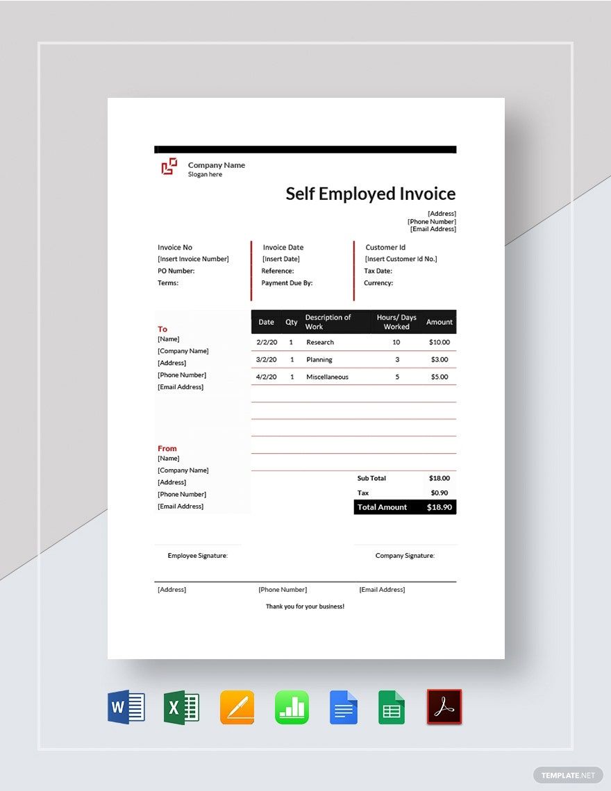 Self Employment Hourly Invoice Template in Word, Google Docs, Excel, PDF, Google Sheets, Apple Pages, Apple Numbers