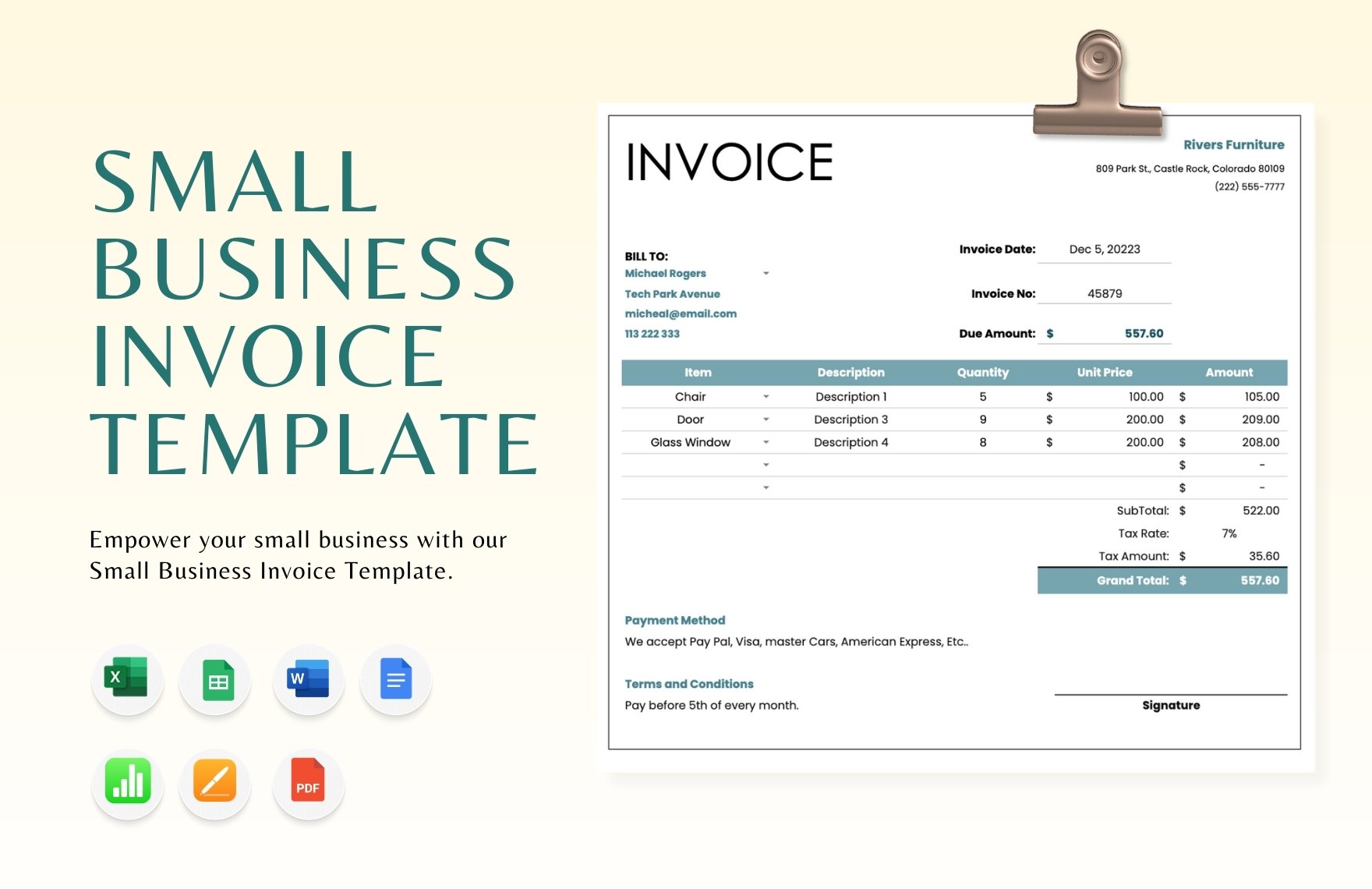 Small Business Invoice Template in Google Docs, Apple Numbers, Word, Pages, PDF, Excel, Google Sheets - Download | Template.net