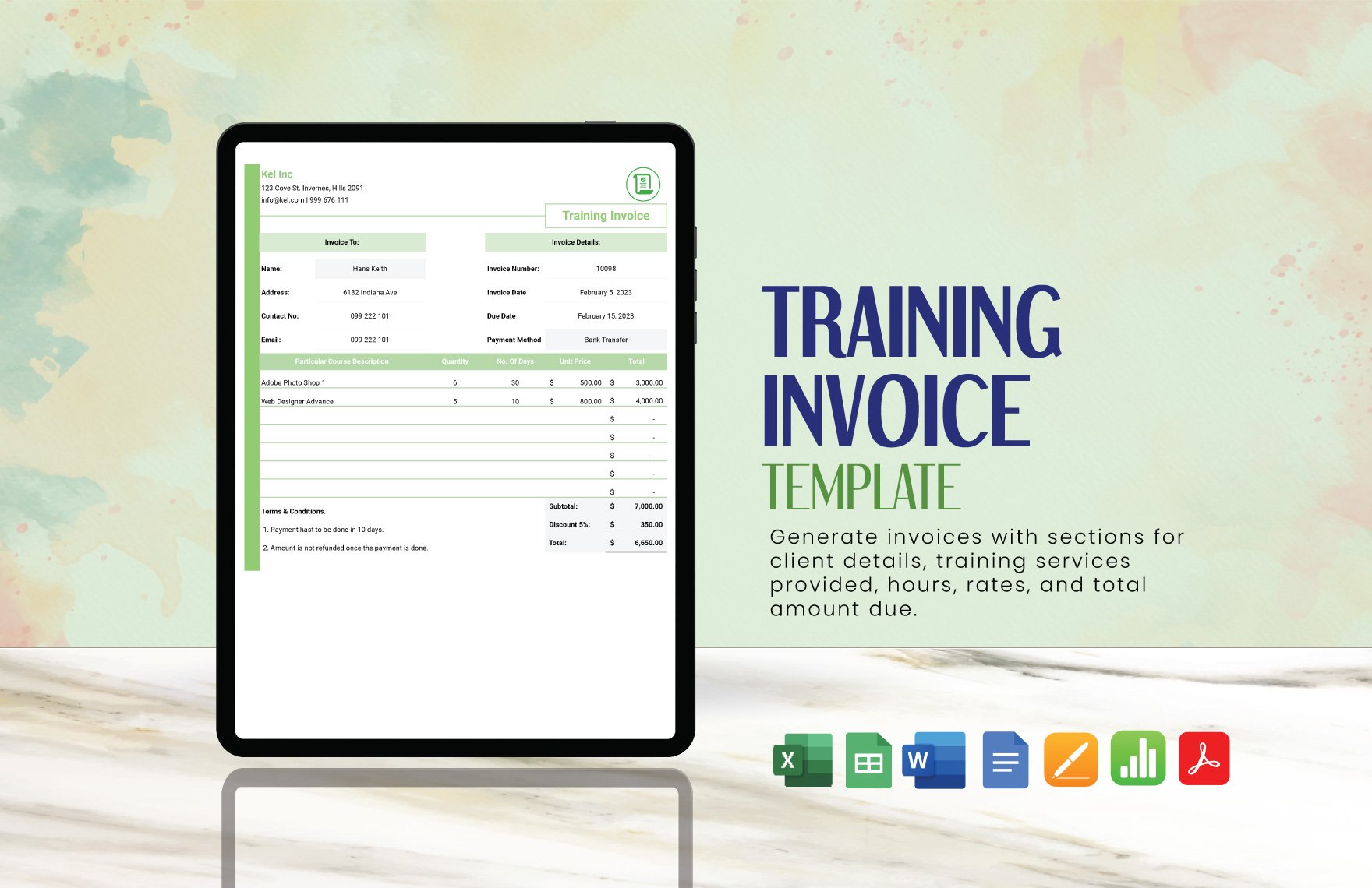 Training Invoice Template in Word, Google Docs, Excel, PDF, Google Sheets, Apple Pages, Apple Numbers
