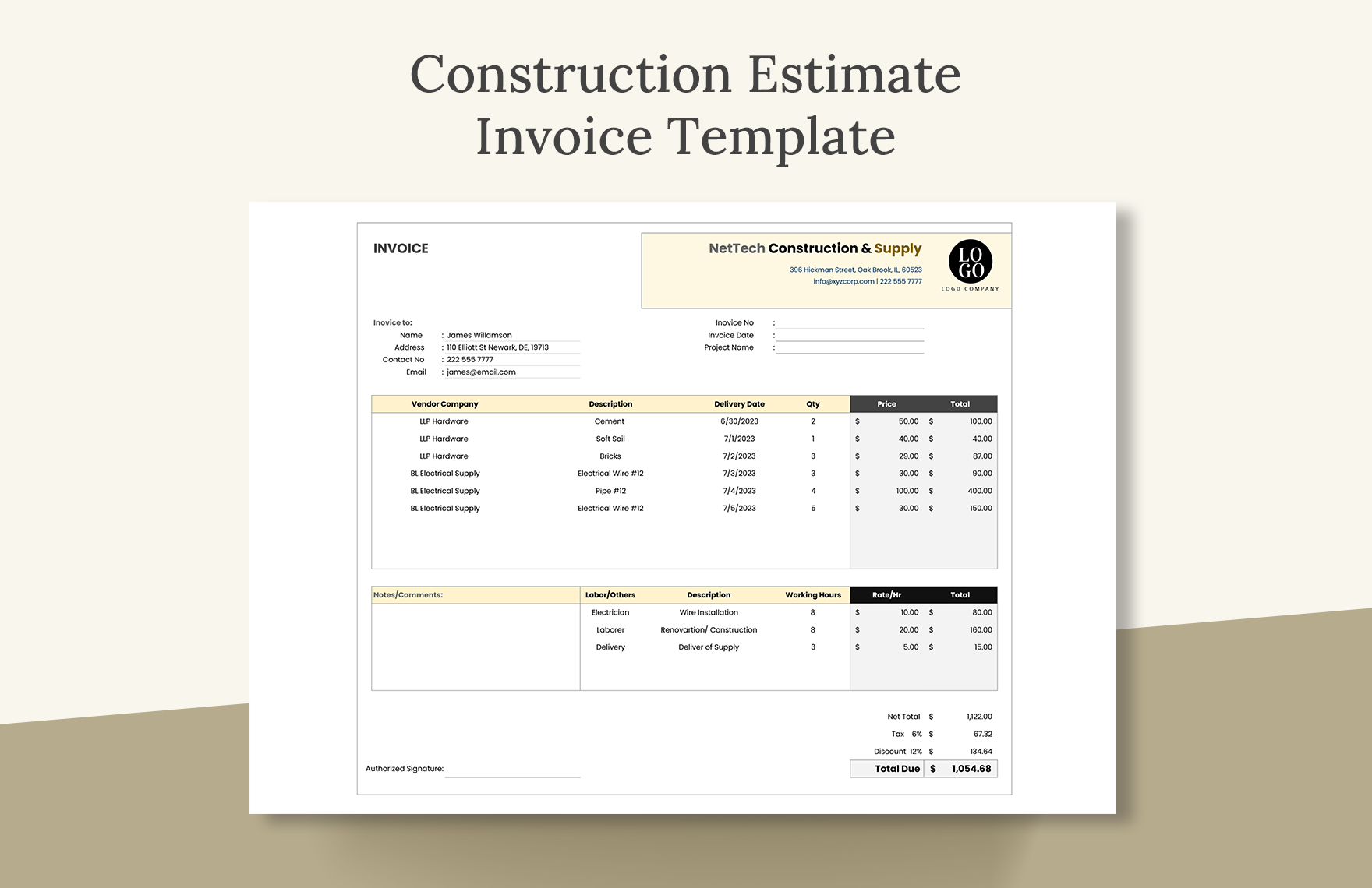Construction Estimate Invoice Template