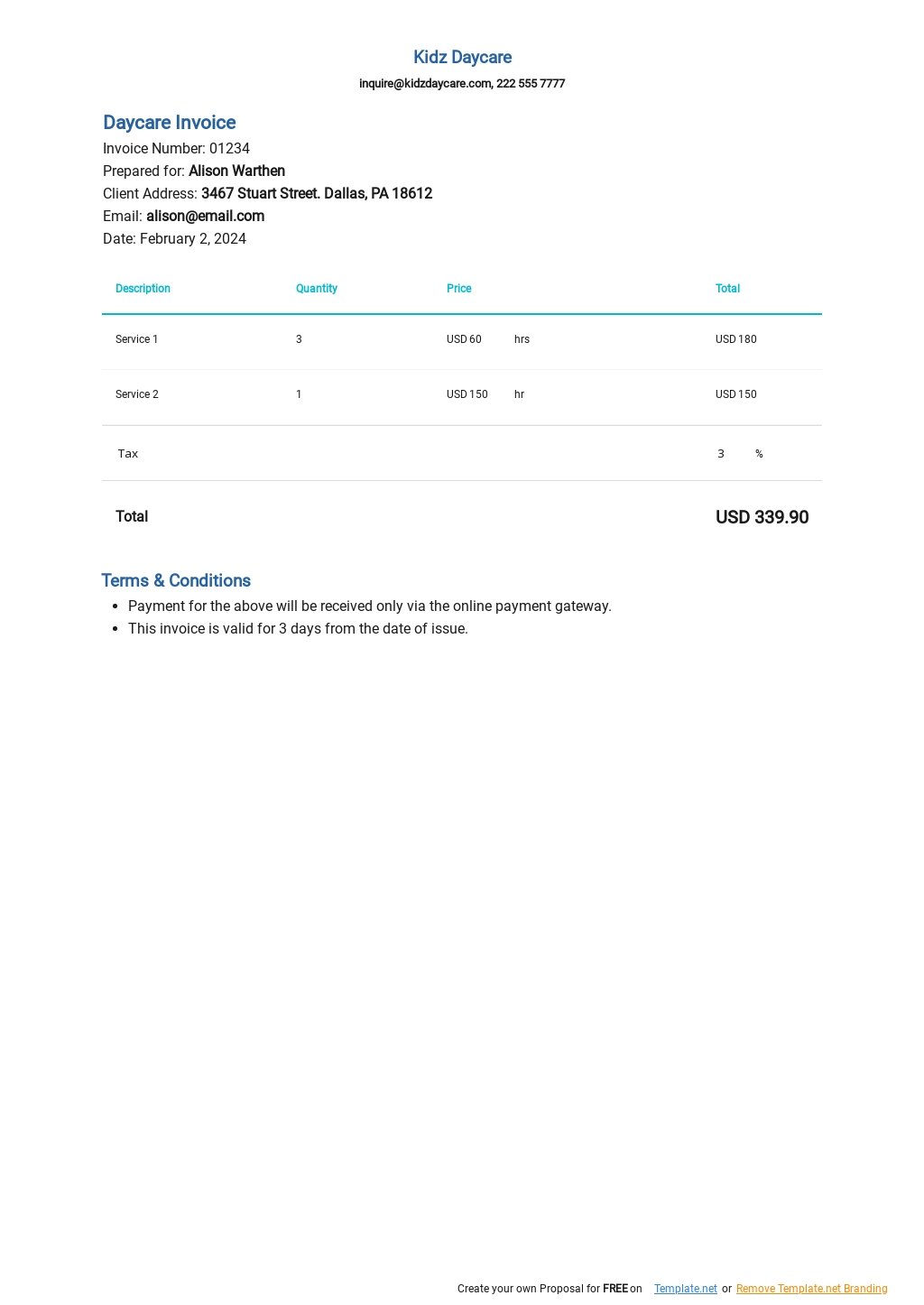 Daycare Invoice Template [Free PDF] Google Docs, Google Sheets, Excel