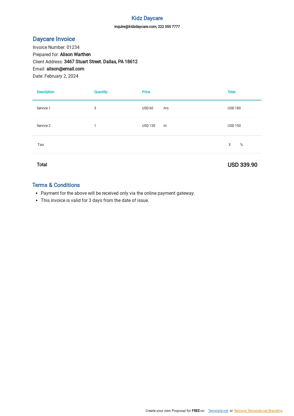 Daycare Invoice Template Word