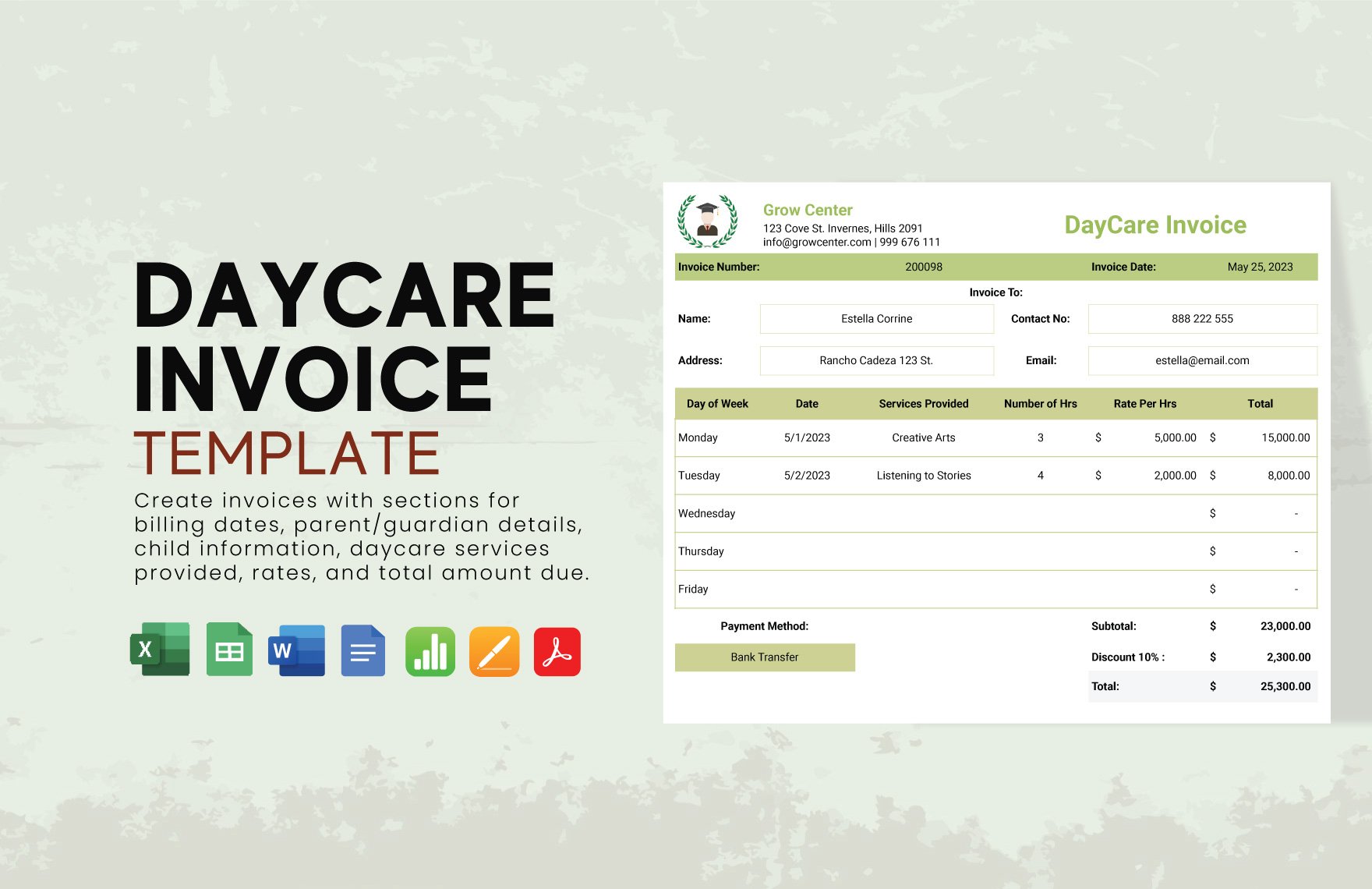 Daycare Invoice Template in Word, Google Docs, Excel, PDF, Google Sheets, Apple Pages, Apple Numbers
