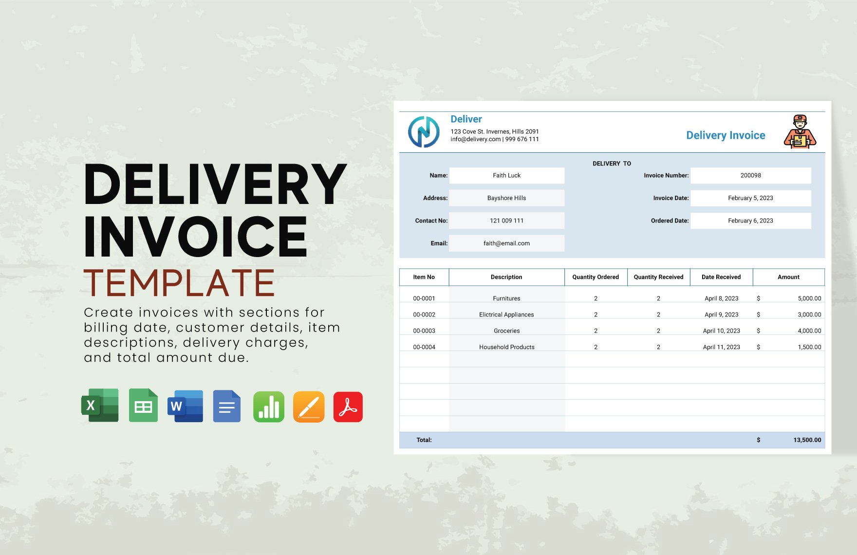 Delivery Invoice Template in Word, Google Docs, Excel, PDF, Google Sheets, Apple Pages, Apple Numbers