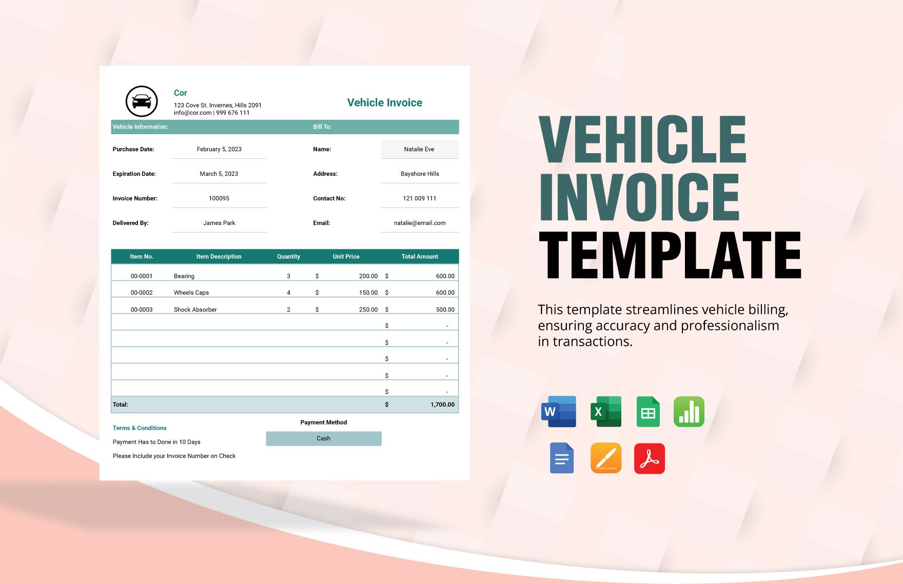 Vehicle Invoice Template in Word, Google Docs, Excel, PDF, Google Sheets, Apple Pages, Apple Numbers