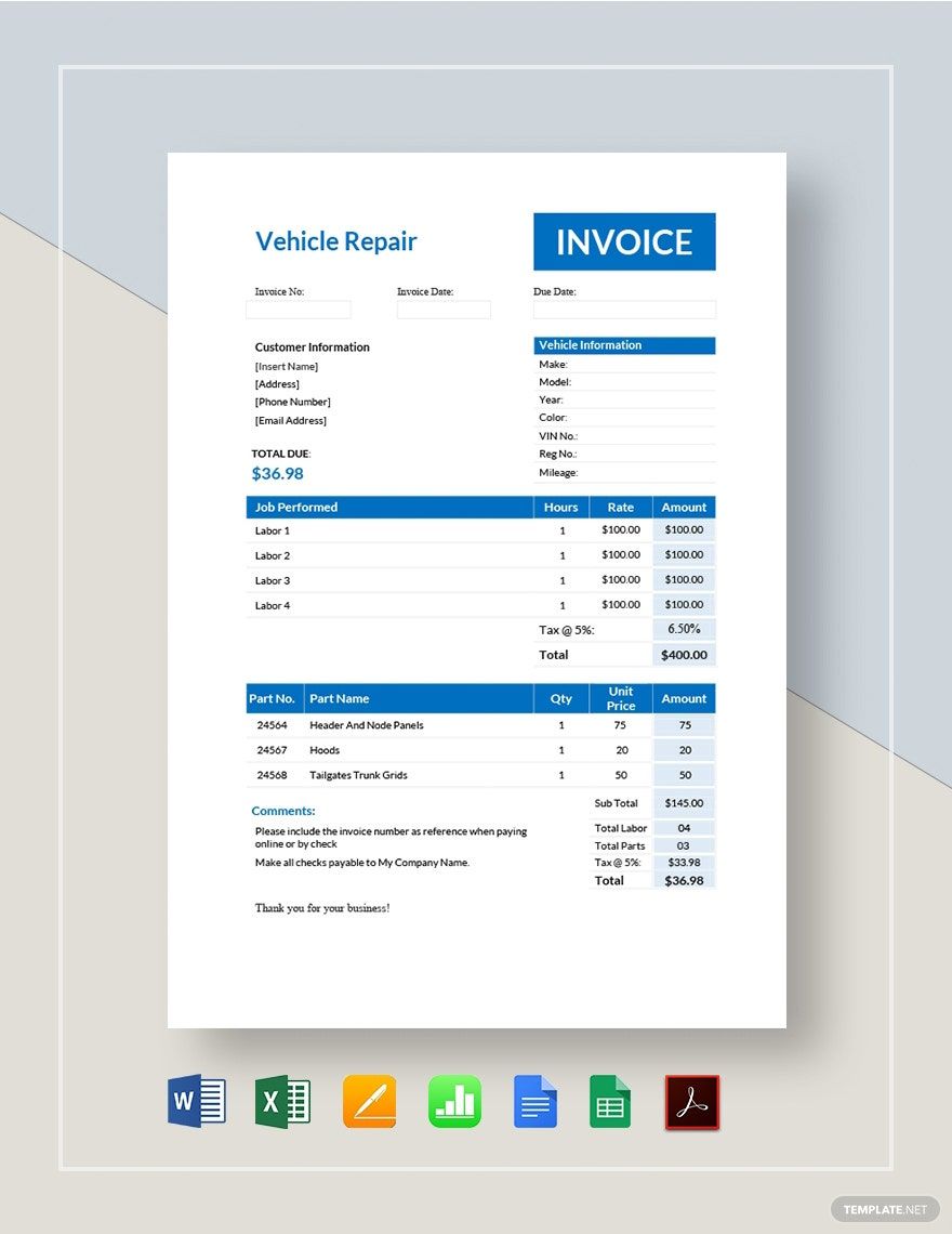 Vehicle Repair Invoice Template in Google Docs, Google Sheets, Excel, Apple Numbers, Word, Pages, PDF - Download | Template.net