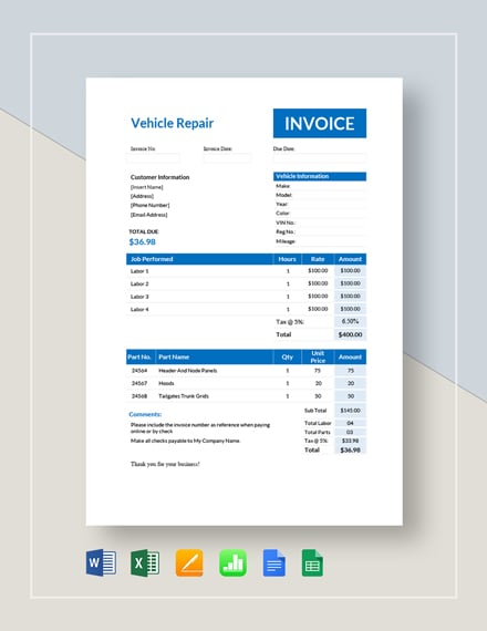 Vehicle Repair Invoice Template Free Pdf Google Docs Google Sheets Excel Word Template Net