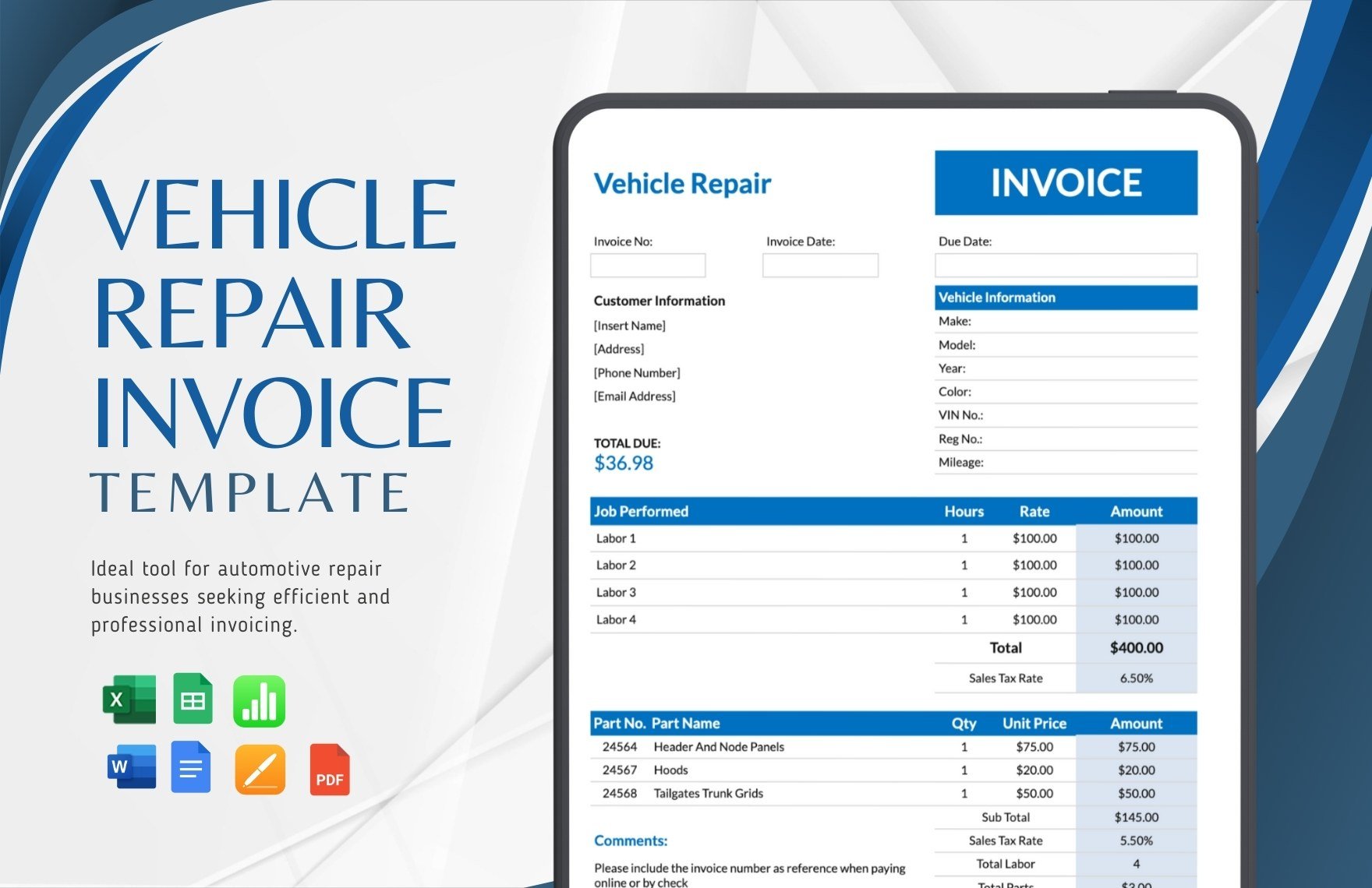 Vehicle Repair Invoice Template in Word, Google Docs, Excel, PDF, Google Sheets, Apple Pages, Apple Numbers