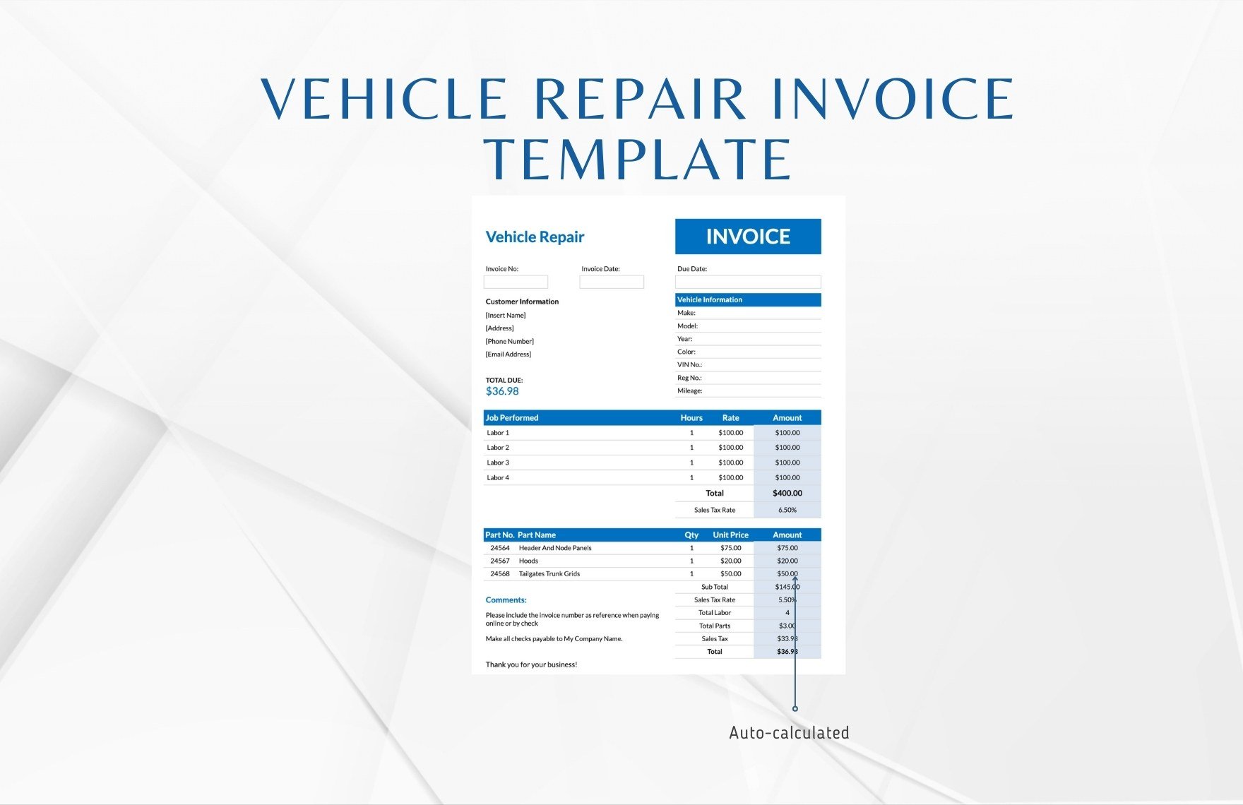 Vehicle Repair Invoice Template