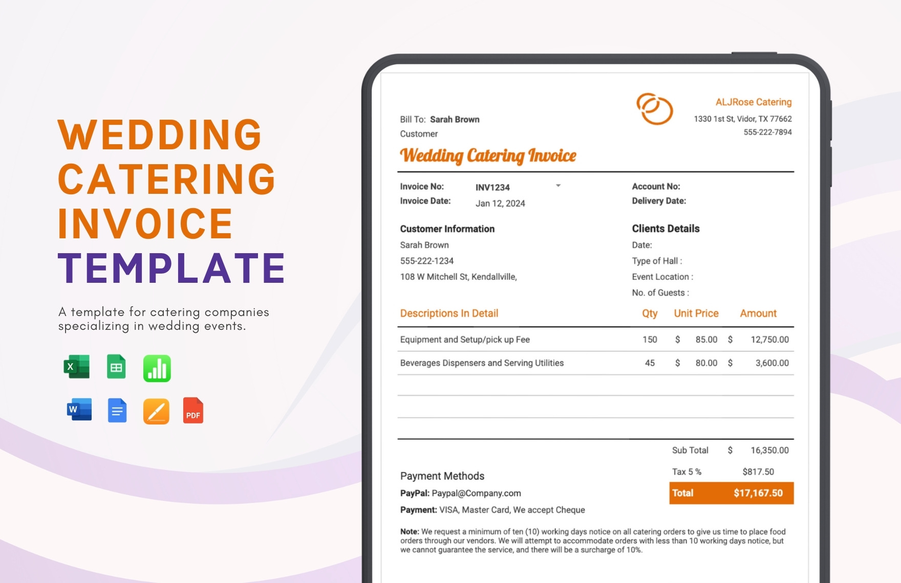 Wedding Catering Invoice Template in Word, Google Docs, Excel, PDF, Google Sheets, Apple Pages, Apple Numbers