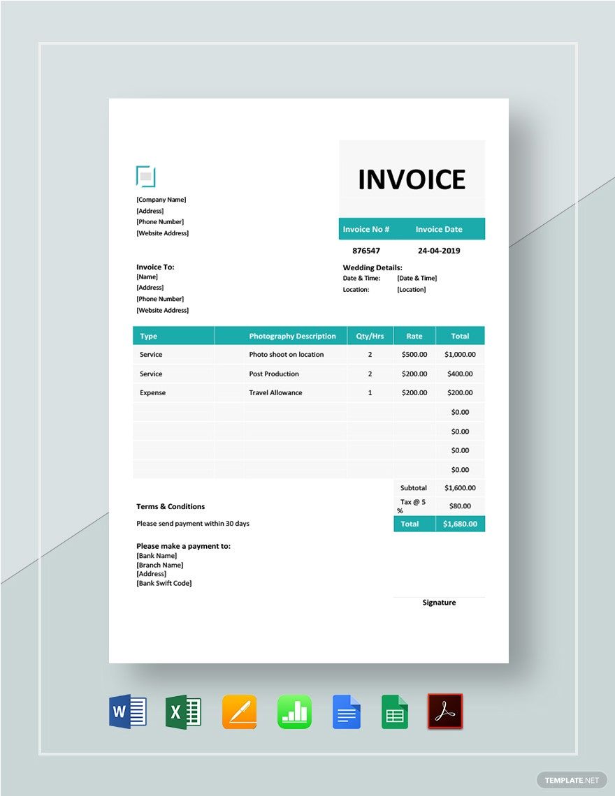 Wedding Photography Invoice Template in Word, Google Docs, Excel, PDF, Google Sheets, Apple Pages, Apple Numbers