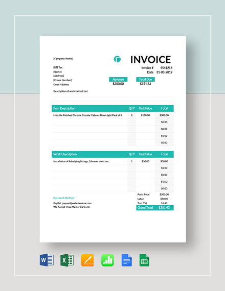 Electrician Invoice Template Free Collection   Electrical Contractor Invoice 