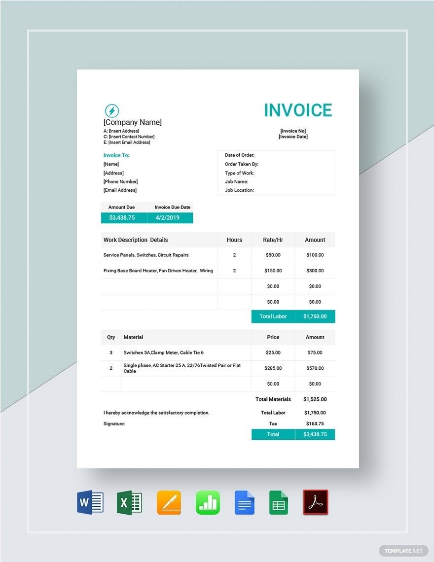 Free Electrical Work Order Invoice Template in Word, Google Docs, Excel, PDF, Google Sheets, Apple Pages, Apple Numbers