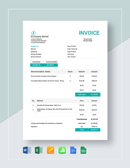 electrical work order invoice