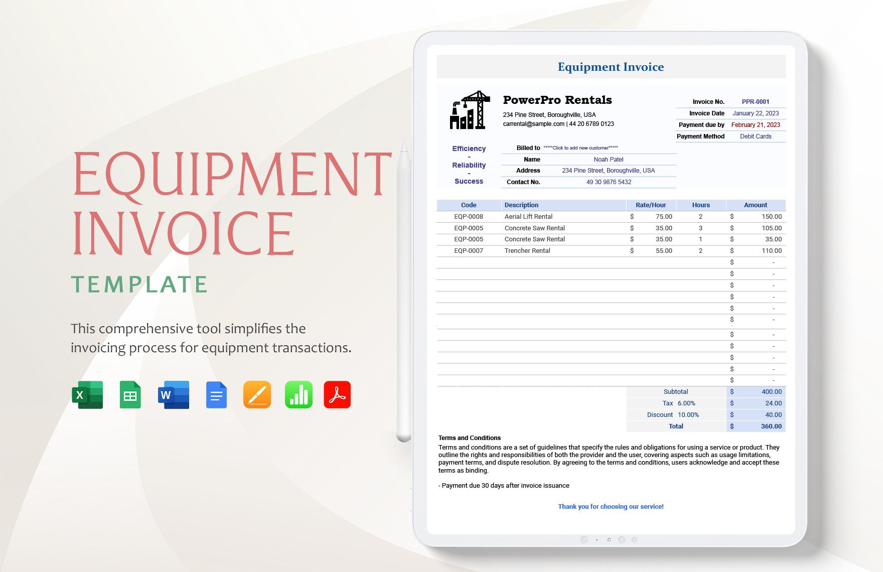 Equipment Invoice Template in Word, Google Docs, Excel, PDF, Google Sheets, Apple Pages, Apple Numbers