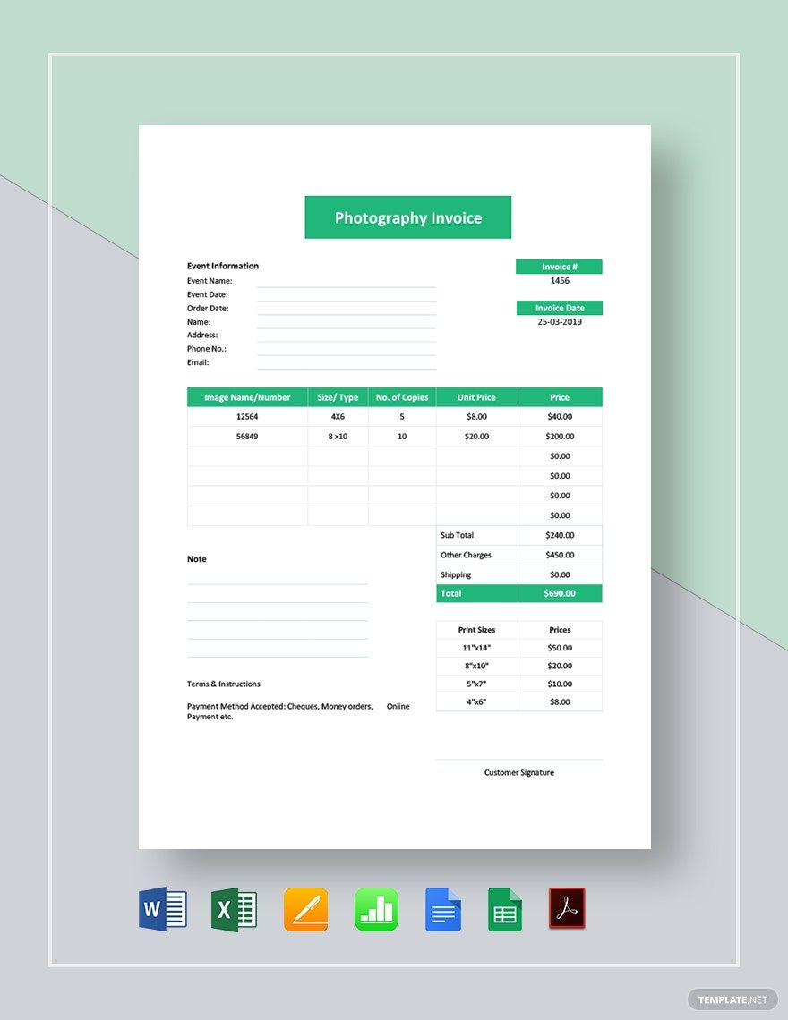 Event Photography Invoice Template in Google Docs, Google Sheets, Pages, Excel, Apple Numbers, Word, PDF - Download | Template.net