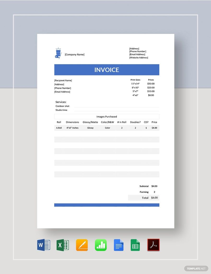 Simple Photography Invoice Template in Google Docs, Google Sheets, Word, Pages, Excel, Apple Numbers, PDF - Download | Template.net