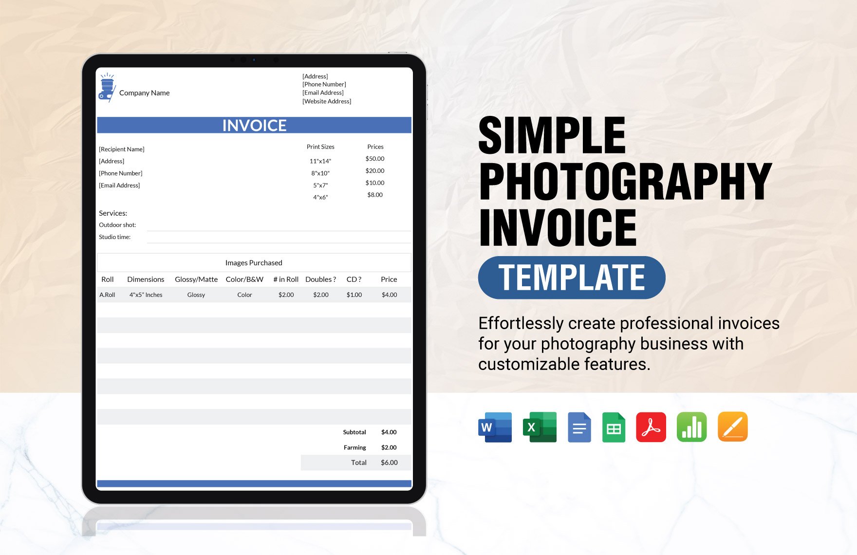 Free Simple Photography Invoice Template in Word, Google Docs, Excel, PDF, Google Sheets, Apple Pages, Apple Numbers