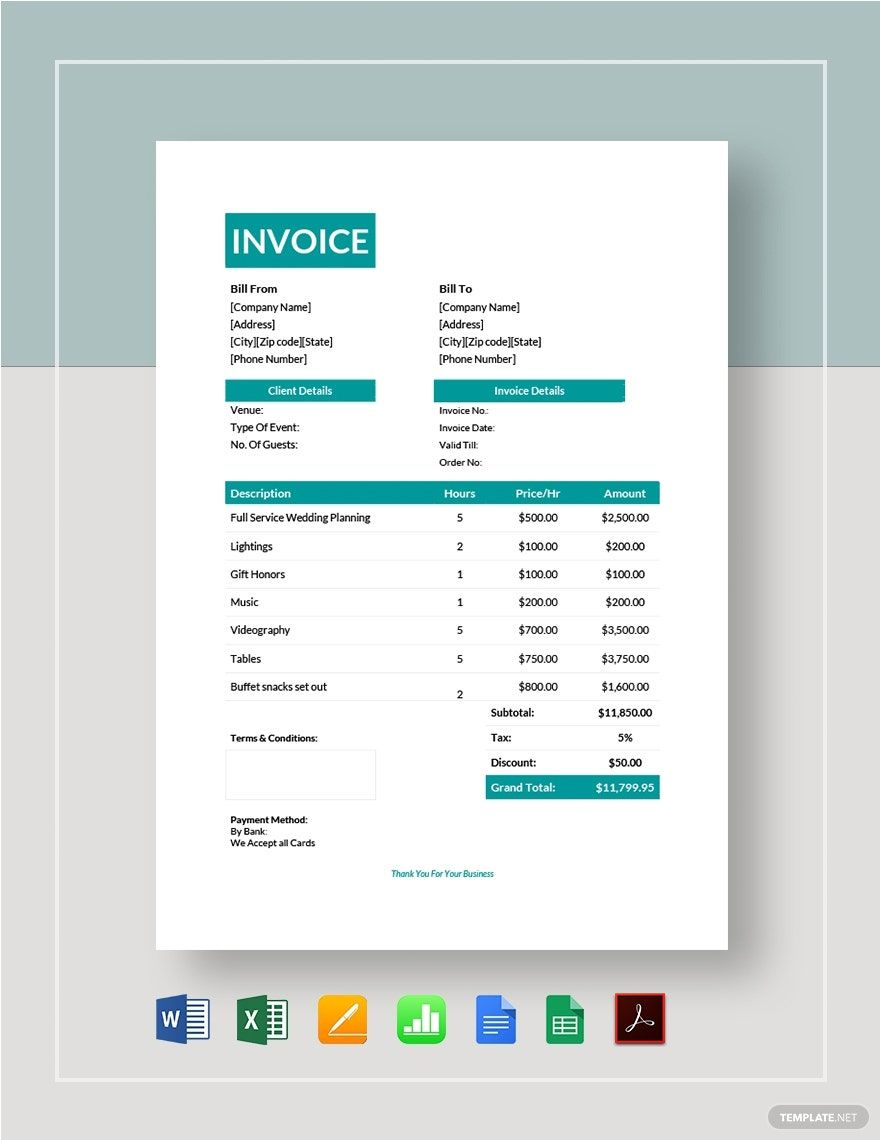 Event Planning Invoice Template in Google Docs Google Sheets Numbers