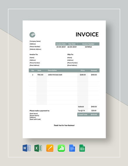 Printable Furniture A4 Invoice Template Word Excel